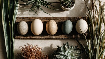 Five dyed eggs on rustic wooden board, surrounded by plants