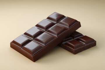 Fototapeta premium Two rich dark chocolate bars with segmented squares on a light beige background