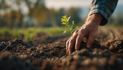 A farmer plants a young seedling in rich earth