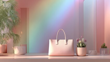 Pastel-toned room display with handbag