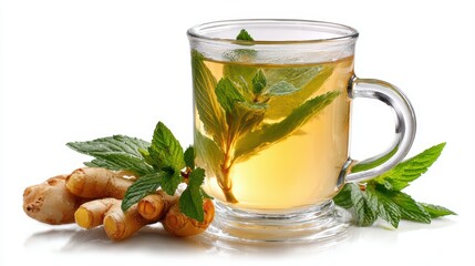 Vibrant Mint Ginger Tea in a Transparent Glass, Invoking Relaxation and Freshness Perfect for Wellness and Lifestyle Projects.