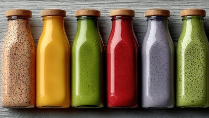 Row of colorful bottled drinks on a light gray surface