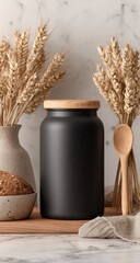 Black ceramic canister with wooden lid
