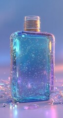 Translucent blue gel bottle, sparkling droplets