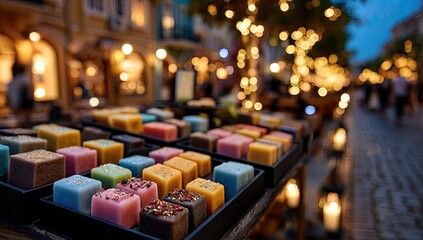 Colorful artisanal soaps displayed on a street at dusk