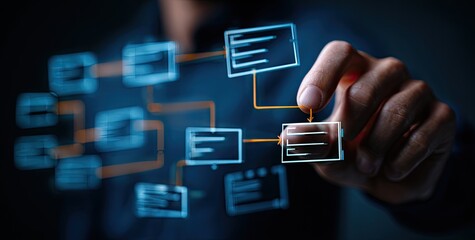 A person's hand interacts with a digital flowchart of data structures