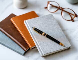 Stacked notebooks, pen, and glasses on a marble surface