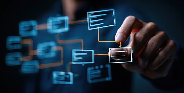 A person's hand interacts with a digital flowchart of data structures - Powered by Adobe