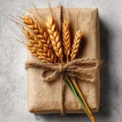 Gift wrapped in kraft paper, adorned with wheat stalks (1)