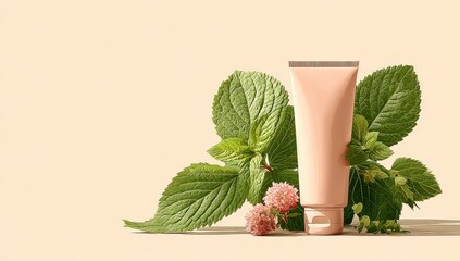 Light peach tube of cream surrounded by fresh greenery