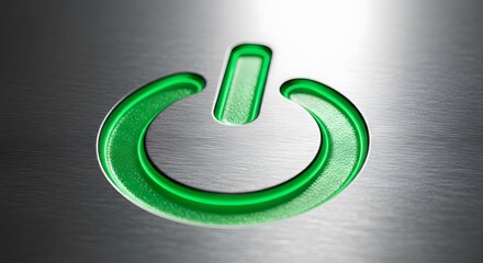 Green Power Button Symbol on Brushed Metal Surface for Technology and Energy Concepts