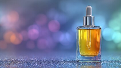 Amber dropper bottle on glittery surface