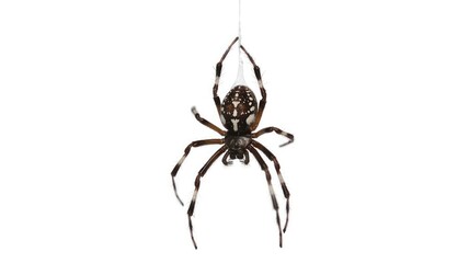 Detailed close up of a dark spider with long legs on a white background