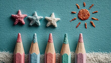 Colorful pencils, glitter stars, and sun on a teal background