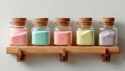 Colorful spice jars on a wooden shelf