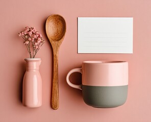 Pink, neutral, kitchen-themed flatlay