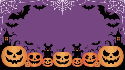 Spooky halloween pumpkins and bats frame a purple background with cobwebs