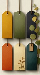 Six colorful tags,  autumnal hues,  hanging,  leather-look