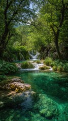 Fototapeta premium Lush forest waterfall cascading into crystal clear water