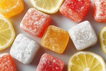 Colorful, cubed fruit jellies scattered with lemon slices