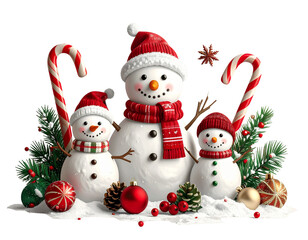 Fototapeta premium Flat lay arrangement of snowman family with candy canes, pinecones, ornaments, 