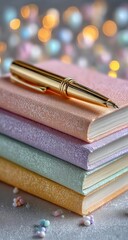 Pastel-colored notebooks stacked, gold pen, bokeh