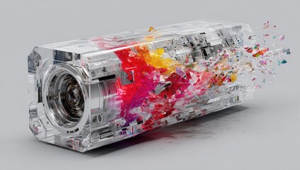Transparent mechanical box explodes with vibrant color