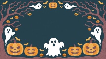 Spooky halloween border with pumpkins ghosts and bats