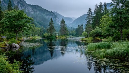 Fototapeta premium Misty mountain lake, tranquil reflection
