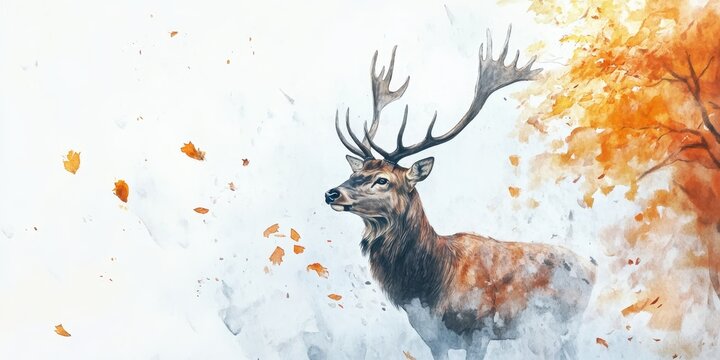 Majestic red deer stag in autumn fall a watercolor.