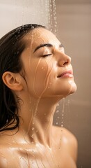 Naklejka premium Woman enjoying a refreshing shower, water cascading down her face and body.