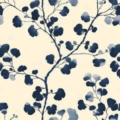 Navy blue botanical illustration of ginkgo branches creates an elegant organic and seamless background pattern.