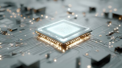 HighTech Detail Closeup of a Modern Computer Chip on a Printed Circuit Board Perfect for TechFocused Projects, Inspiring Innovation and Progress.
