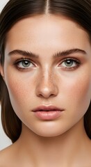 Fototapeta premium Beautiful young woman with natural freckles and glowing skin, close-up portrait.