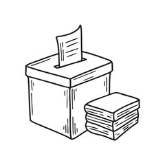 A vote box beside a stack of papers