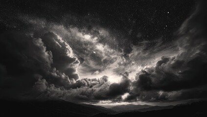 Obraz premium Dramatic monochrome sky filled with clouds and stars