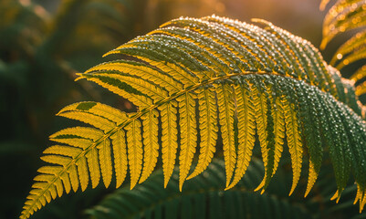 Golden Fern Leaf with Raindrops