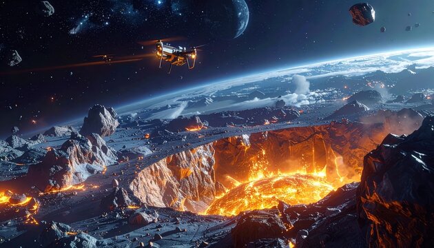 A drone soars over a volcanic crater on a distant planet, showcasing a dramatic landscape of mountains and fiery lava flows.