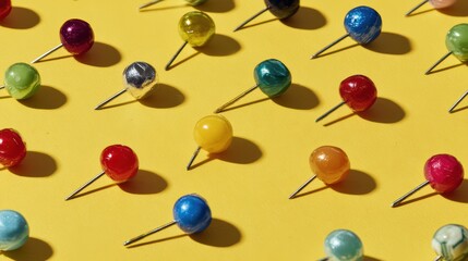 Colorful MultiHued Thumbtacks Arranged Artistically on a Yellow Background Perfect for Creative Projects, Enhancing Vibrancy and Energy in Designs.