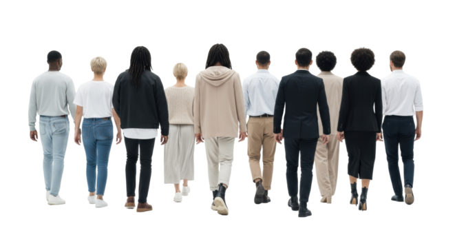 Diverse group of young to middle-aged individuals, varied ethnicities, contemporary clothing, rear view, walking away on bright white studio background. Concept of modern diversity and unity in motion
