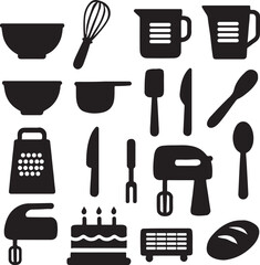 Black Silhouette Kitchen and Baking Icons Minimalist Cooking Tools and Utensils Collection
