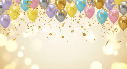 A festive celebration background with a vibrant array of colorful balloons and shimmering golden confetti against a soft bokeh glow