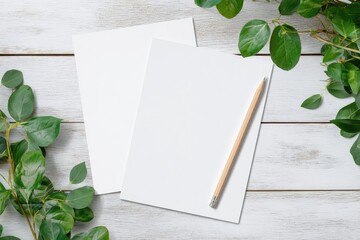 Blank papers, pencil, and greenery on a light wood surface