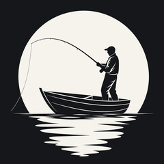 Silhouette of fisherman casting rod from boat with moon and water reflection vector illustration
