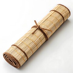 Obraz premium A tightly rolled bamboo sushi mat with brown string ties on a plain white surface in a studio shot