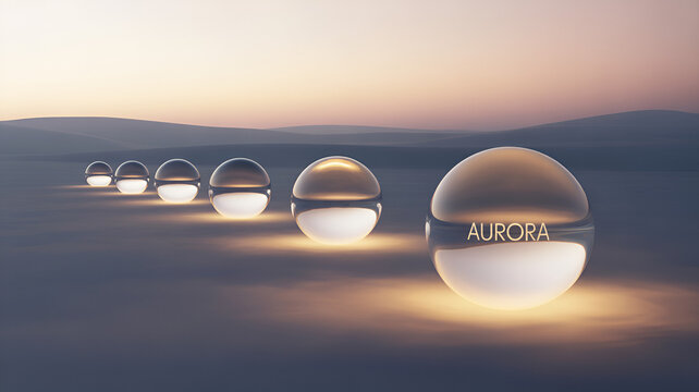 Row of glowing aurora spheres against a misty horizon at dusk or dawn