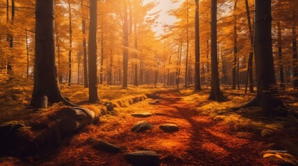 Fototapeta premium a magical autumn forest, lush moss covered forest floor, vibrant fall foliage, warm golden sunlight filtering through the trees, detailed landscape, cinematic lighting, highly detailed, digital painti