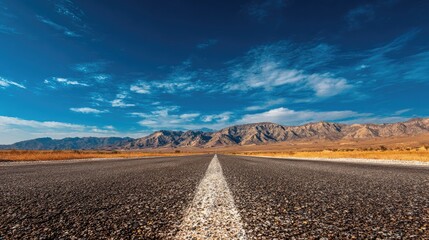 Fototapeta premium A long, paved road stretches into the distance, beneath a vibrant blue sky, dotted with fluffy white clouds. Mountains are visible in the background