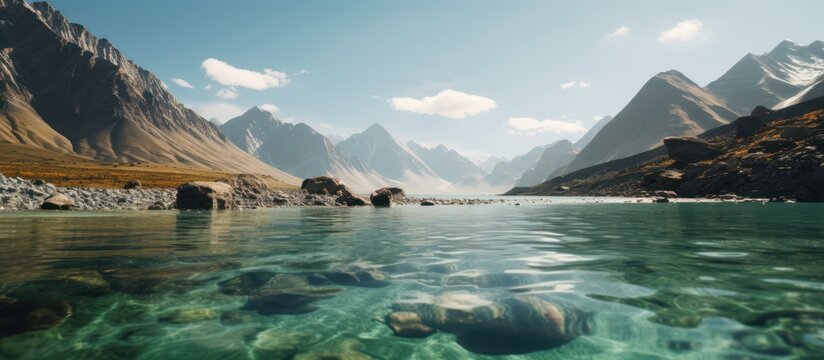 scenic mountain lake, crystal clear water, rugged snow-capped peaks, lush green forests, serene and tranquil landscape, dramatic sky with wispy clouds, picturesque and peaceful natural setting, detail