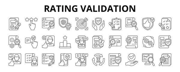30 Rating Validation Line Icons Vector - Authenticity, Trustworthiness, Evaluation, Reliability, Ranking, Monitoring, Transparency